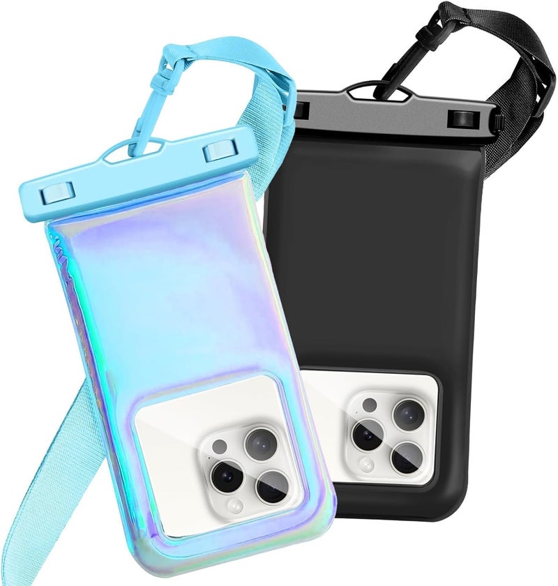 Foweroty Floatable Waterproof Phone Pouch Case 2 Pax for iPhone 17 16 Pro Max/15/14/13/12, IP68 Travel Cellphone Dry Bag Beach Cruise Ship Essentials Bags with Crossbody Lanyard,Blue and Black-7″ - Image 1